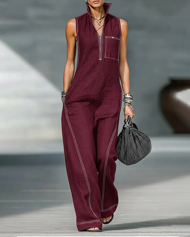 Stand-up Collar Sleeveless Casual Loose Pocket Cotton Linen Jumpsuit