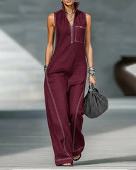 Stand-up Collar Sleeveless Casual Loose Pocket Cotton Linen Jumpsuit