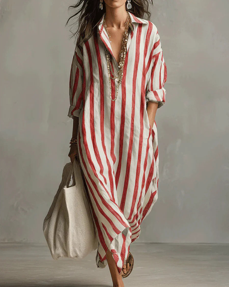 Loose V-neck Striped Summer 3/4 Sleeve Shirt Dress
