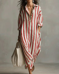 Loose V-neck Striped Summer 3/4 Sleeve Shirt Dress