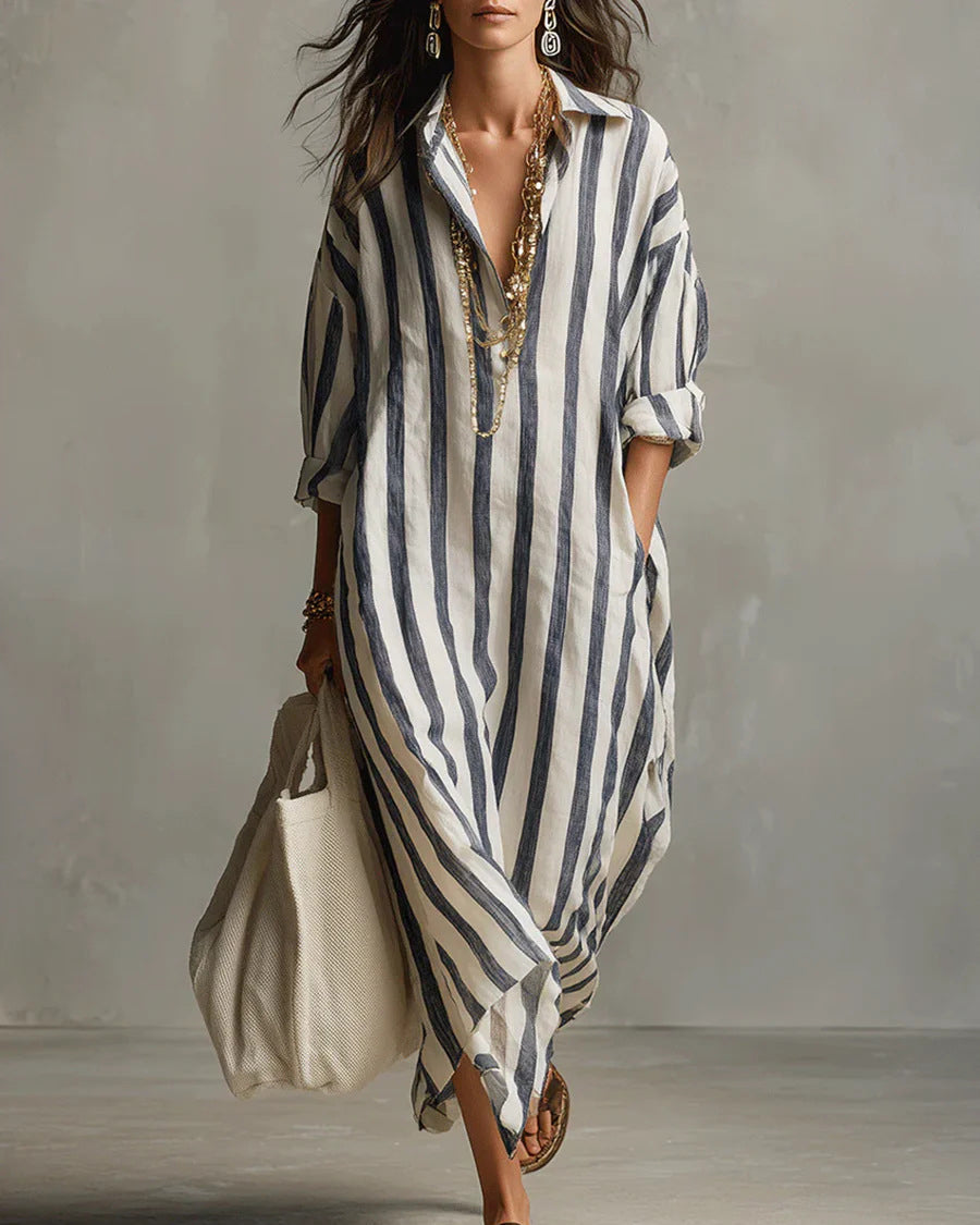 Loose V-neck Striped Summer 3/4 Sleeve Shirt Dress