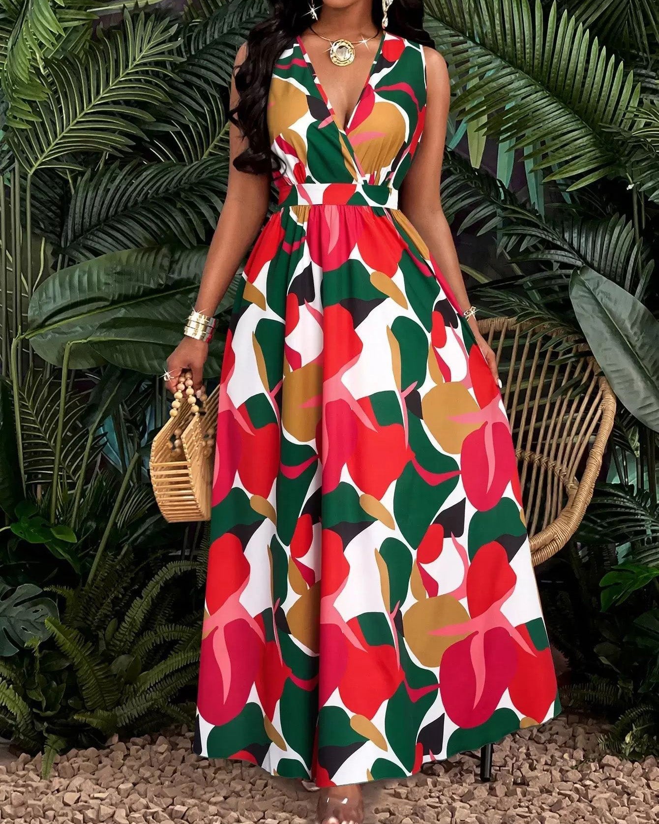 Sleeveless Waist-Cinched Vacation-Flowy Maxi Dress