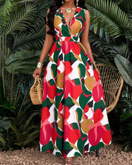 Sleeveless Waist-Cinched Vacation-Flowy Maxi Dress