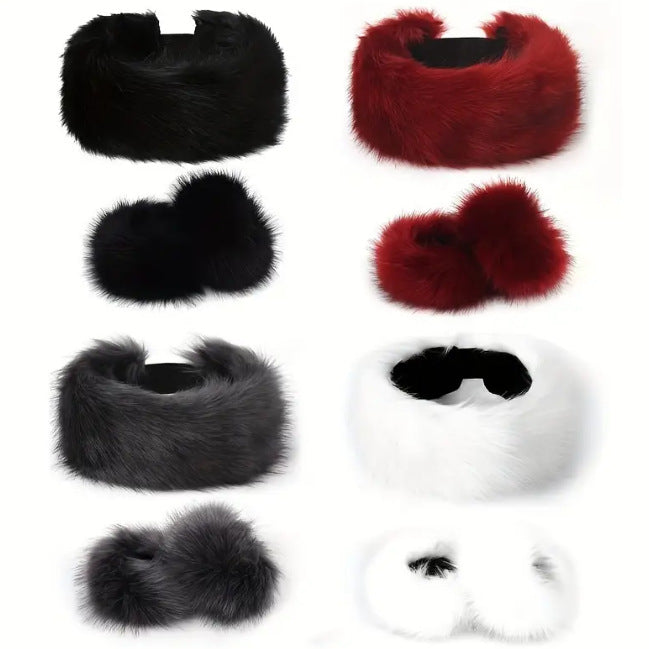 2pcs Set Solid Color Acrylic Fuzzy Beanie Hat And Cuffs