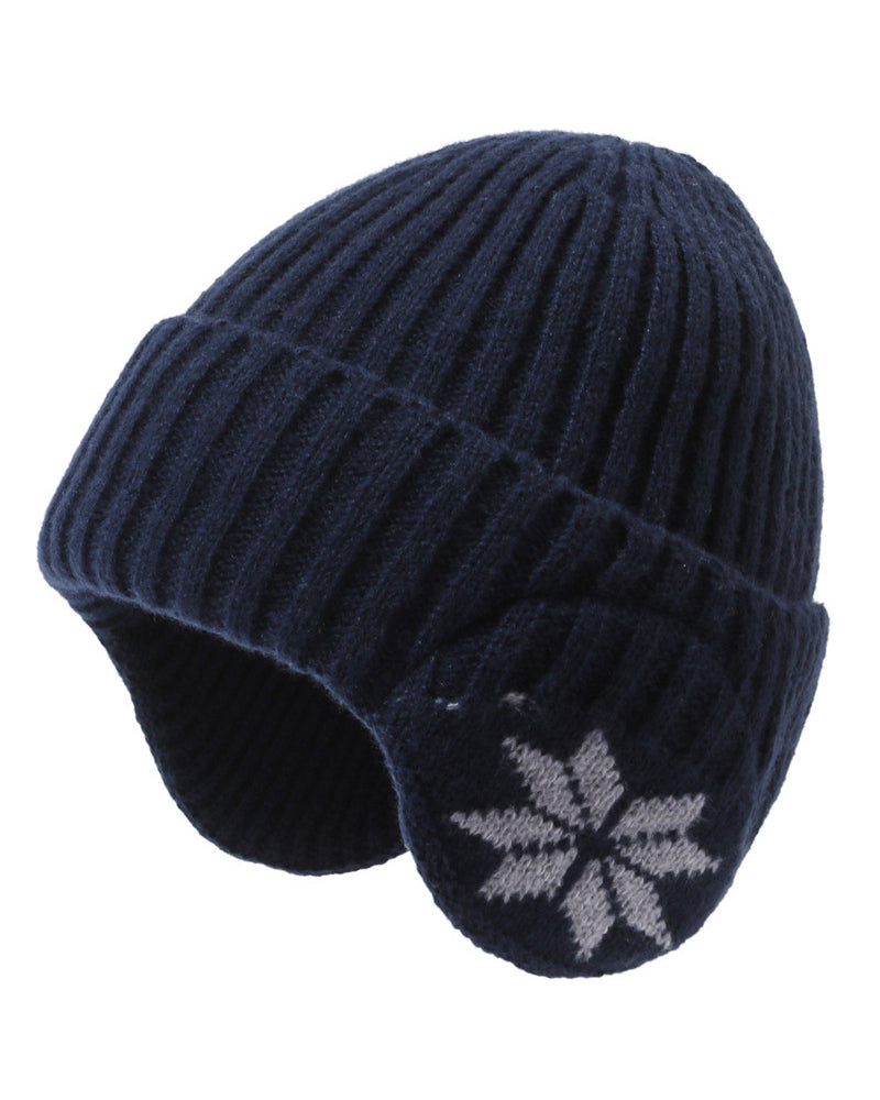 Fleece-lined Thermal Knit Earflap Hat with Snowflake Pattern