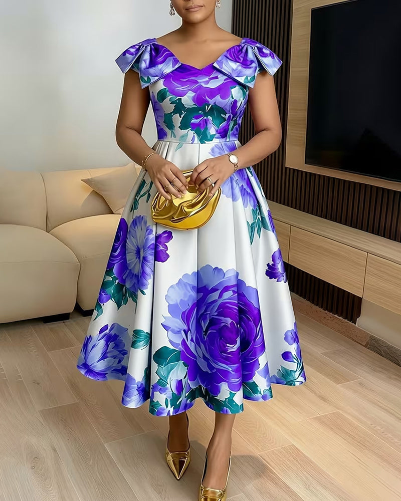 Sleeveless Floral Dress with Shoulder Bows