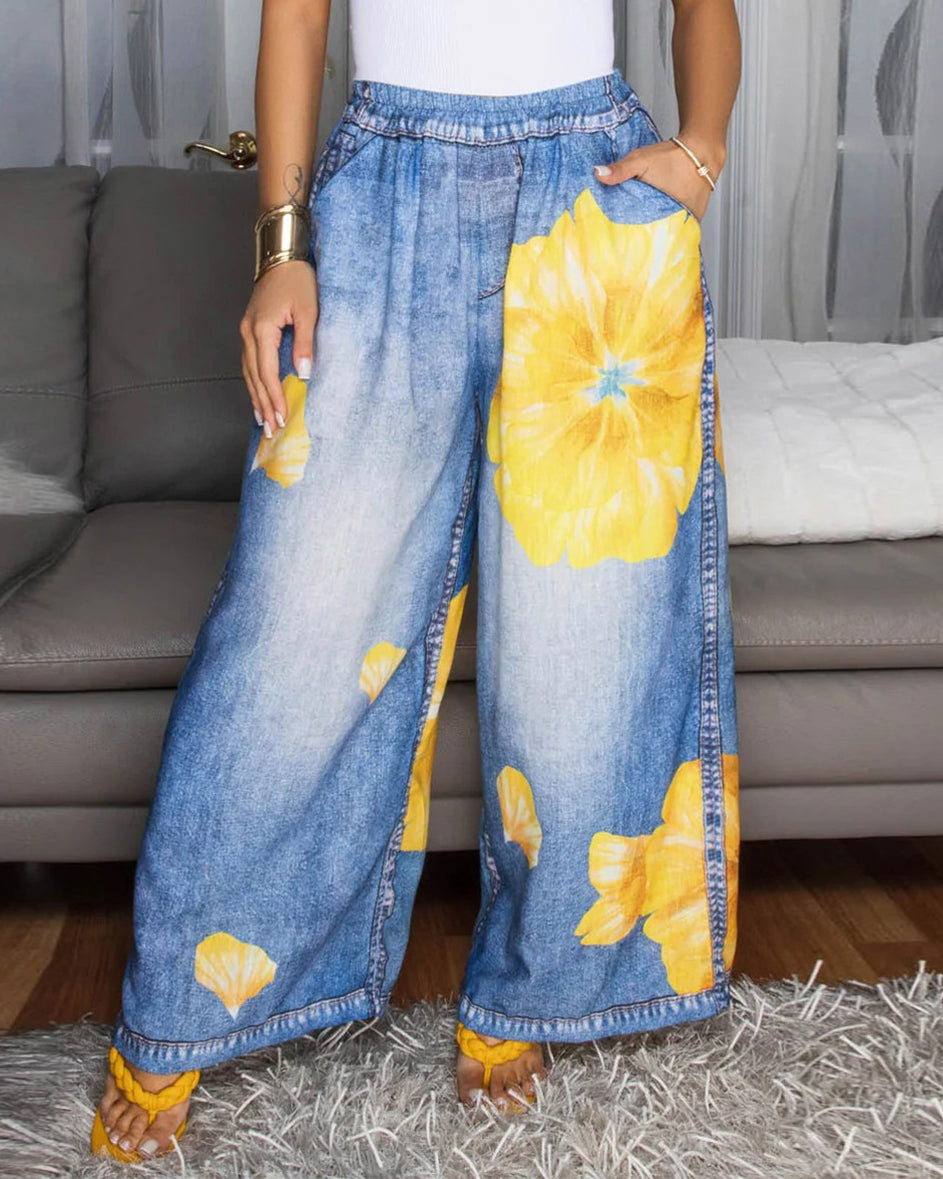Summer Graffiti Print Casual Wide Leg Pants
