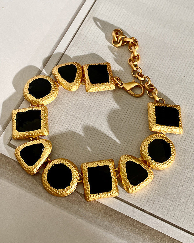 Geometric Color-Block Minimalist Black & Gold Jewelry Set (Necklace + Earrings + Bracelet)