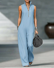 Stand-up Collar Sleeveless Casual Loose Pocket Cotton Linen Jumpsuit