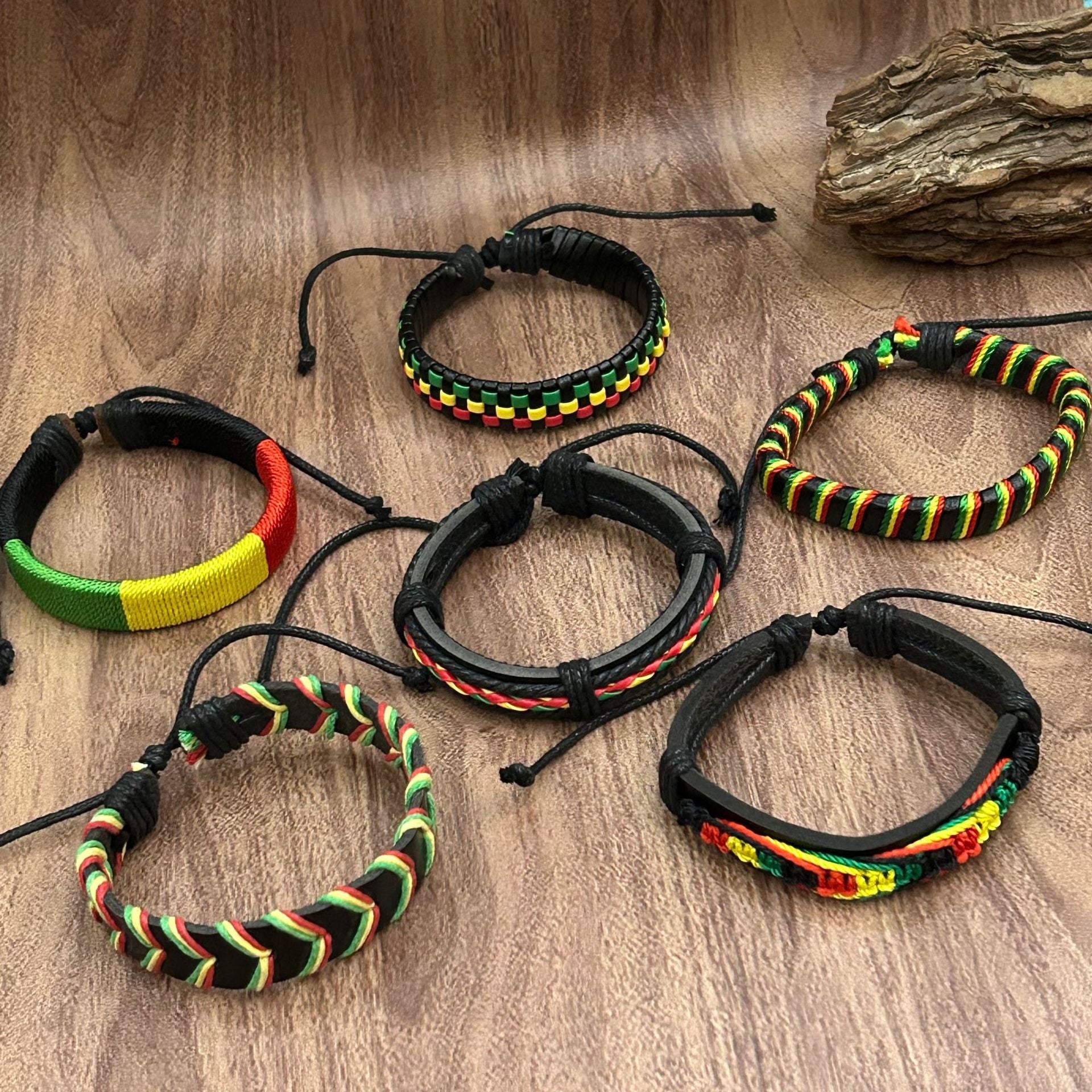 6-Piece Reggae-Inspired Colorful Leather & Cord Braided Adjustable Bangles Set