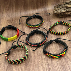 6-Piece Reggae-Inspired Colorful Leather & Cord Braided Adjustable Bangles Set