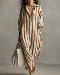 Loose V-neck Striped Summer 3/4 Sleeve Shirt Dress