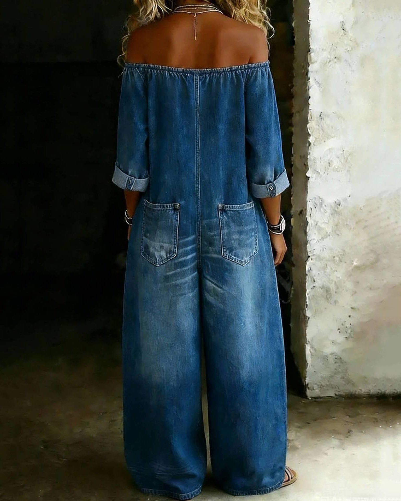 Women's Casual Long-sleeved Washed Cotton Denim Jumpsuit