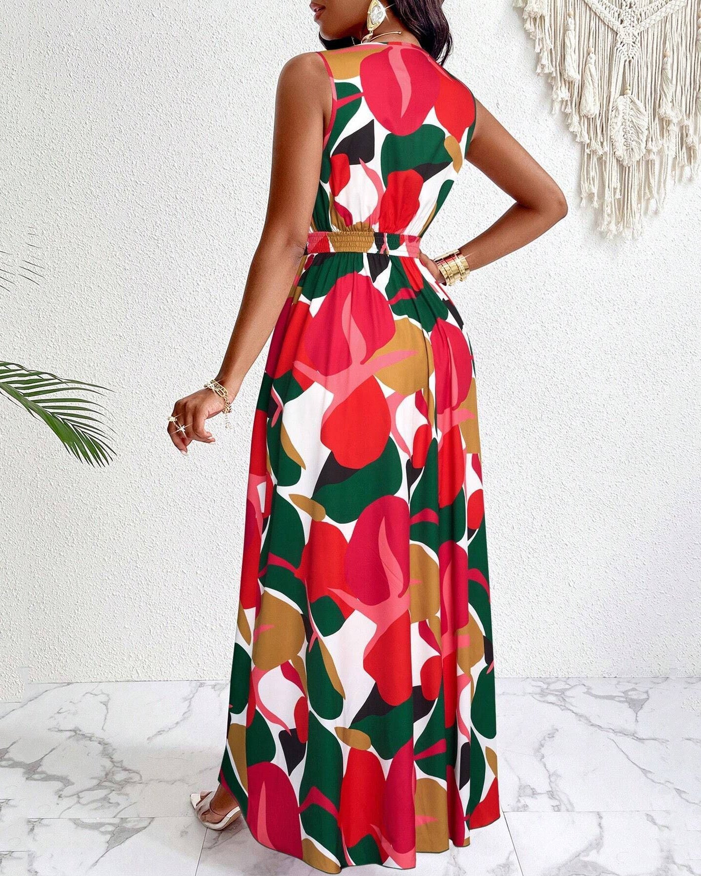 Sleeveless Waist-Cinched Vacation-Flowy Maxi Dress