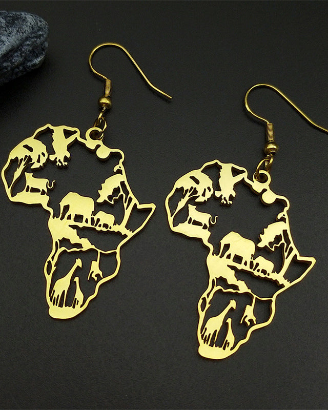 African Map & Animal Stainless Steel Earrings and Necklace