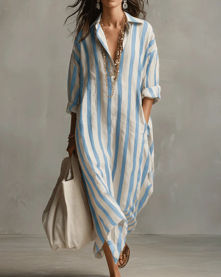 Loose V-neck Striped Summer 3/4 Sleeve Shirt Dress