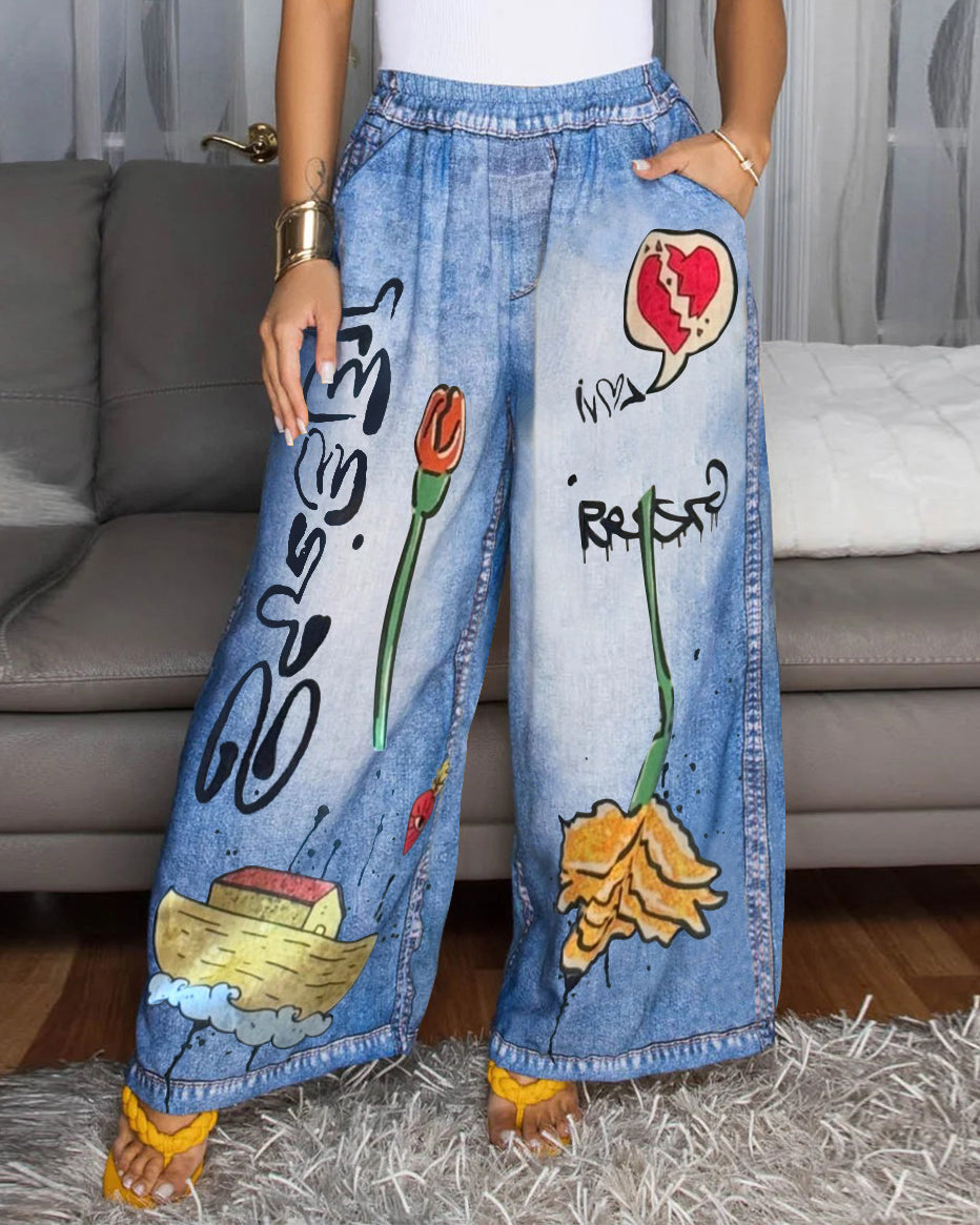 Summer Graffiti Print Casual Wide Leg Pants