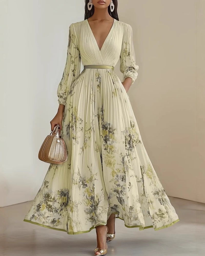 V-neck Lantern Sleeve High-waisted Pleated Dress