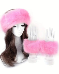 2pcs Set Solid Color Acrylic Fuzzy Beanie Hat And Cuffs