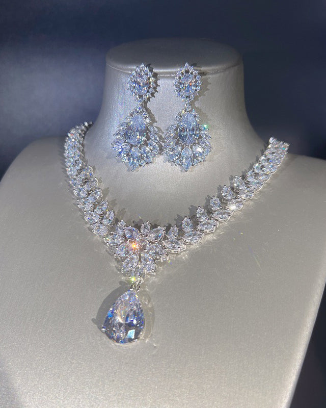 Crystal & Moissanite Pendant Necklace + Earrings Jewelry Set