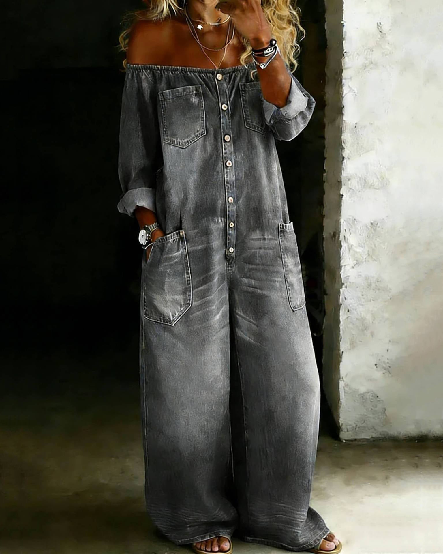 Women's Casual Long-sleeved Washed Cotton Denim Jumpsuit