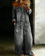 Women's Casual Long-sleeved Washed Cotton Denim Jumpsuit