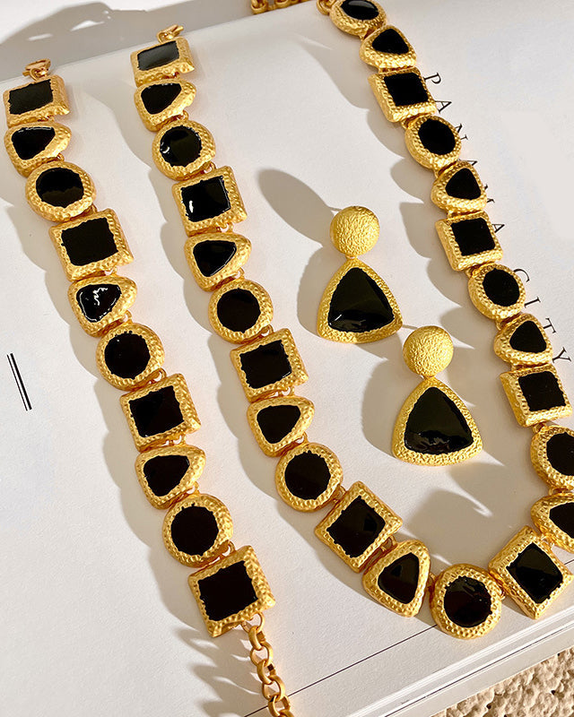 Geometric Color-Block Minimalist Black & Gold Jewelry Set (Necklace + Earrings + Bracelet)