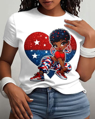 100% Cotton Patriotic Black Girl 4th of July Crew Neck Short Sleeve Tshirt
