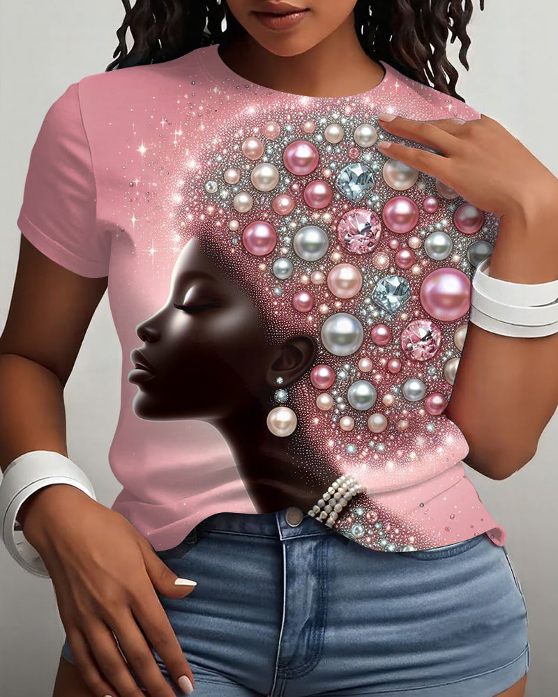 Pearl Girl with Afro Crew Neck Short Sleeve Tshirt