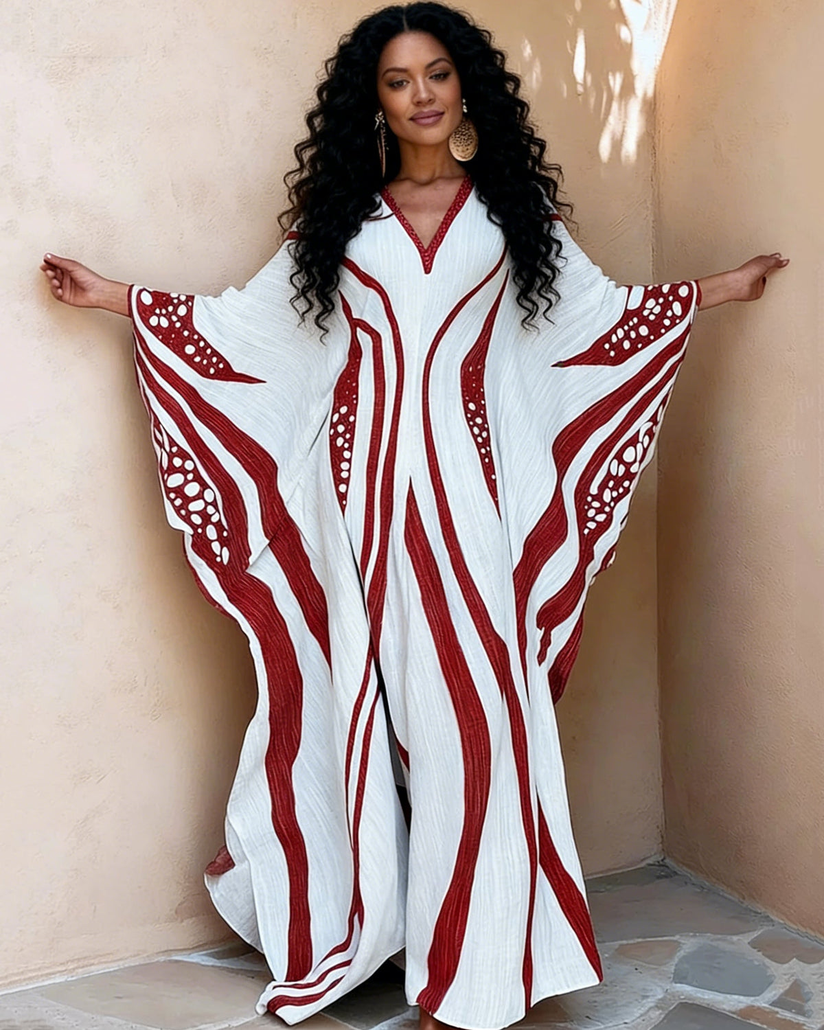 Polka Dot Red Stripes Print V-neck Long Kaftan