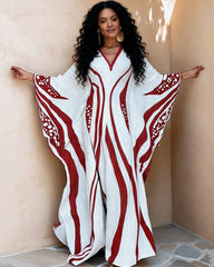Polka Dot Red Stripes Print V-neck Long Kaftan