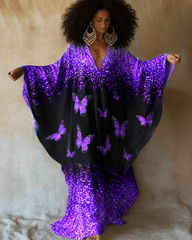 Purple Polka Dot Butterfly Print V-neck Long Kaftan Dress