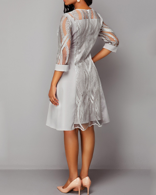 Lace Panel 3/4 Sleeve Light Grey Dress