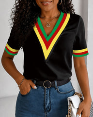 Reggae-colored Folded V-neck Short-sleeved Blouse