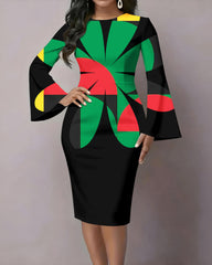Reggae-colored Large Flowers Flared Sleeves Mini Dresses