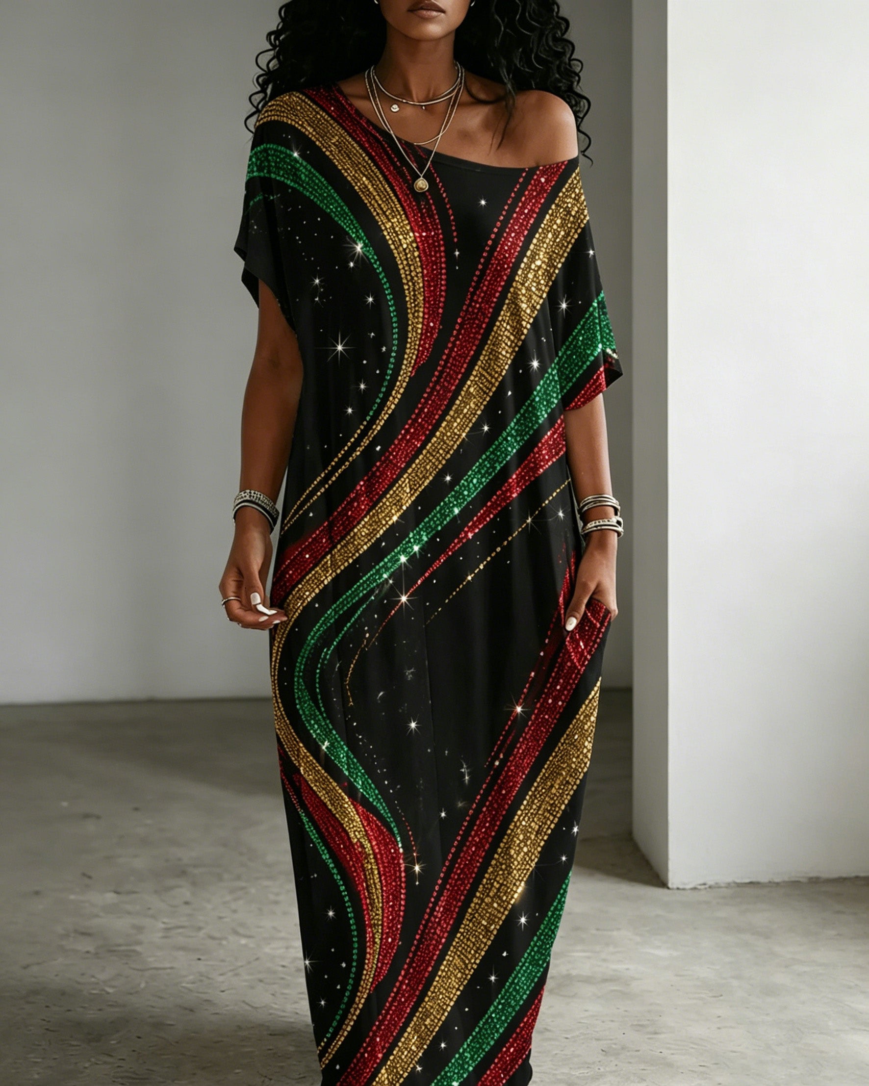 Reggae-colored Wavy Stripes Large Round Neck Pocket Dress