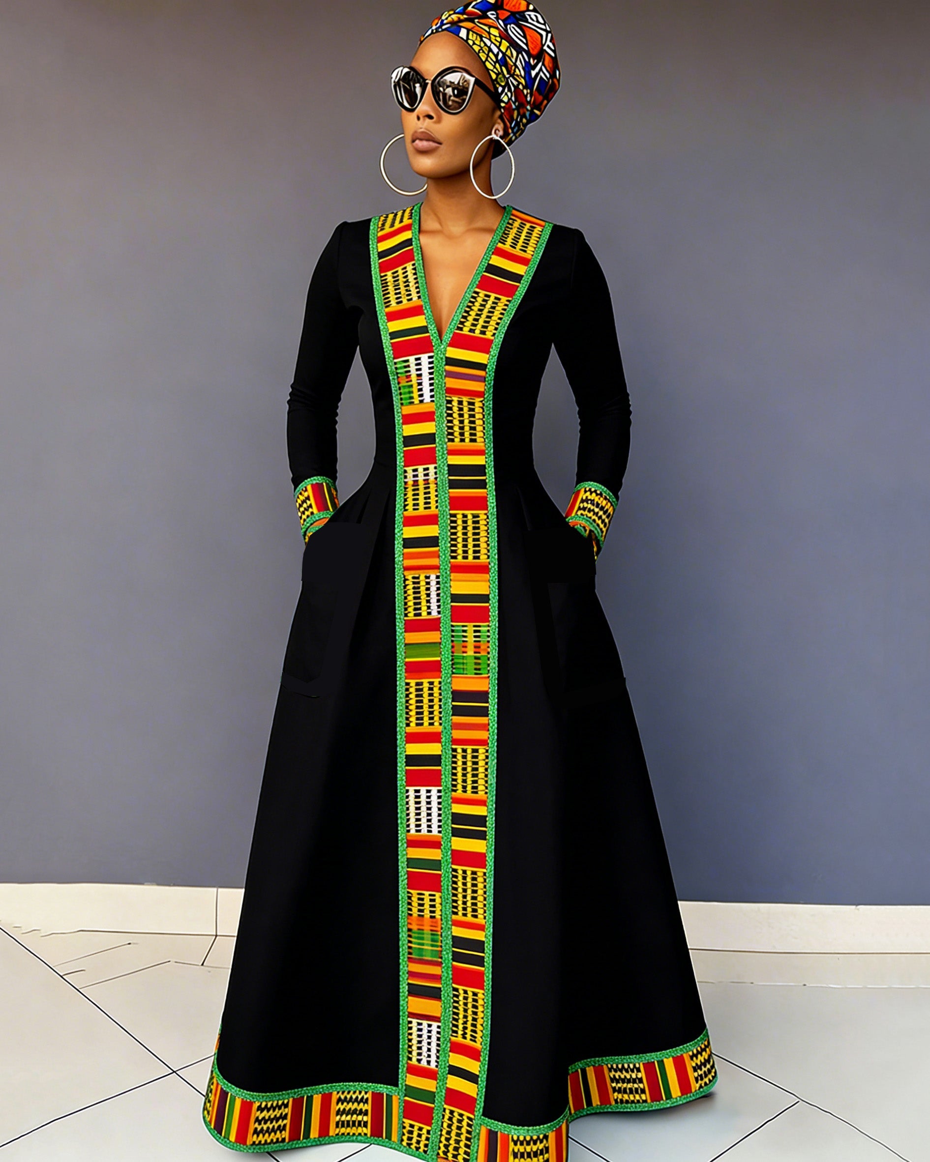 V-Neck Reggae Black African Ankara Pocket Long-Sleeved Maxi Dress