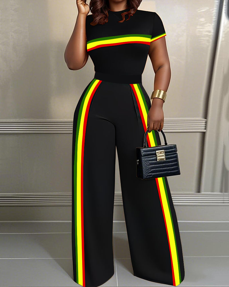 Reggae Stripe Print Print High Waist Wide-leg Women's Two-piece Set