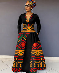 V-Neck Reggae Tribal Totem Pocket Long-Sleeved Maxi Dress