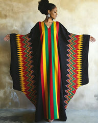 Reggae Color-blocked Stripes Print V-neck Long Kaftan