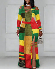 Cutout Off-shoulder V-neck Reggae Color Patchwork 3D Printing Long Sleeve Bodycon Party Dress