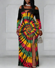 Cutout Off-shoulder V-neck Reggae Tie-dye Color Blocking Long Sleeve Bodycon Party Dress