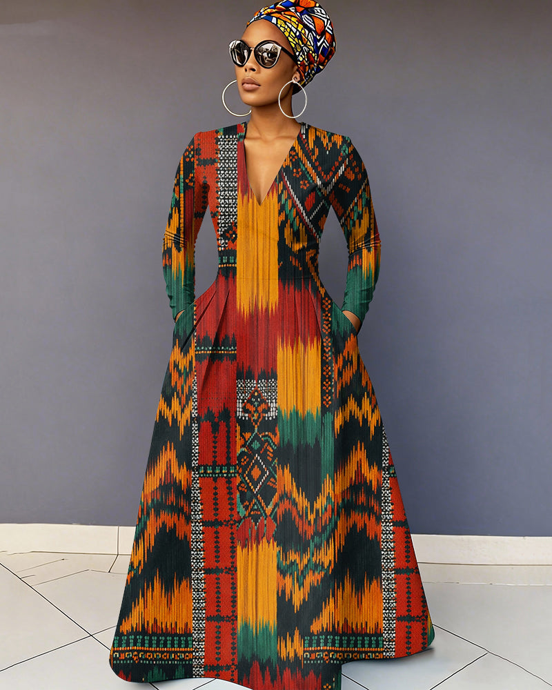 V-Neck Retro African Color Blocking Pocket Long-Sleeved Maxi Dress