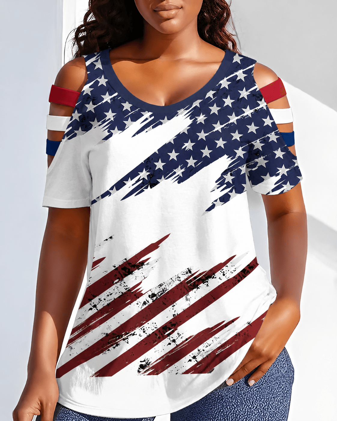 Retro American Flag Graffiti Round Neck Hollowed-out Short Sleeve Top