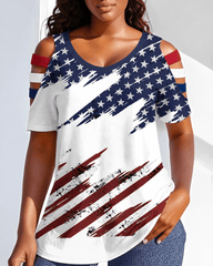 Retro American Flag Graffiti Round Neck Hollowed-out Short Sleeve Top