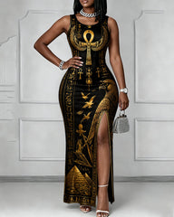 Retro Egyptian Anka Print Sleeveless Split Hem Bodycon Dress