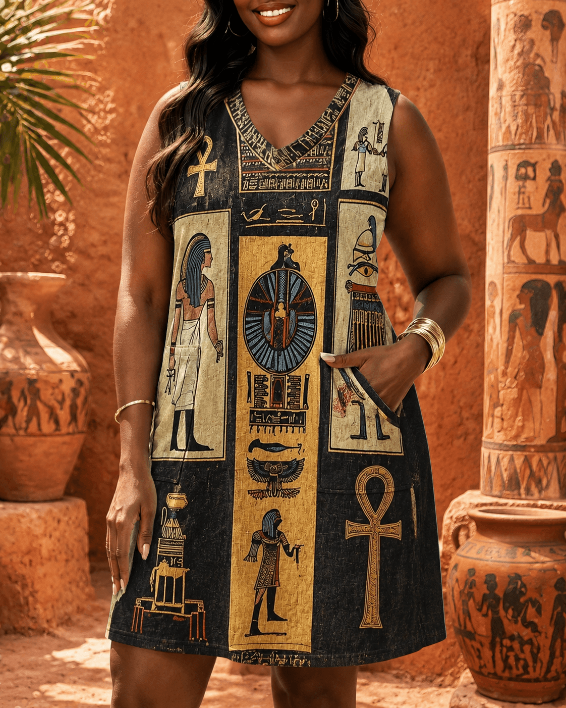 Retro Egyptian Cultural PrintsV-neck Mini Dress With Pocket
