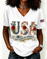 100% Cotton Retro USA 250 V Neck Short Sleeve Tshirt