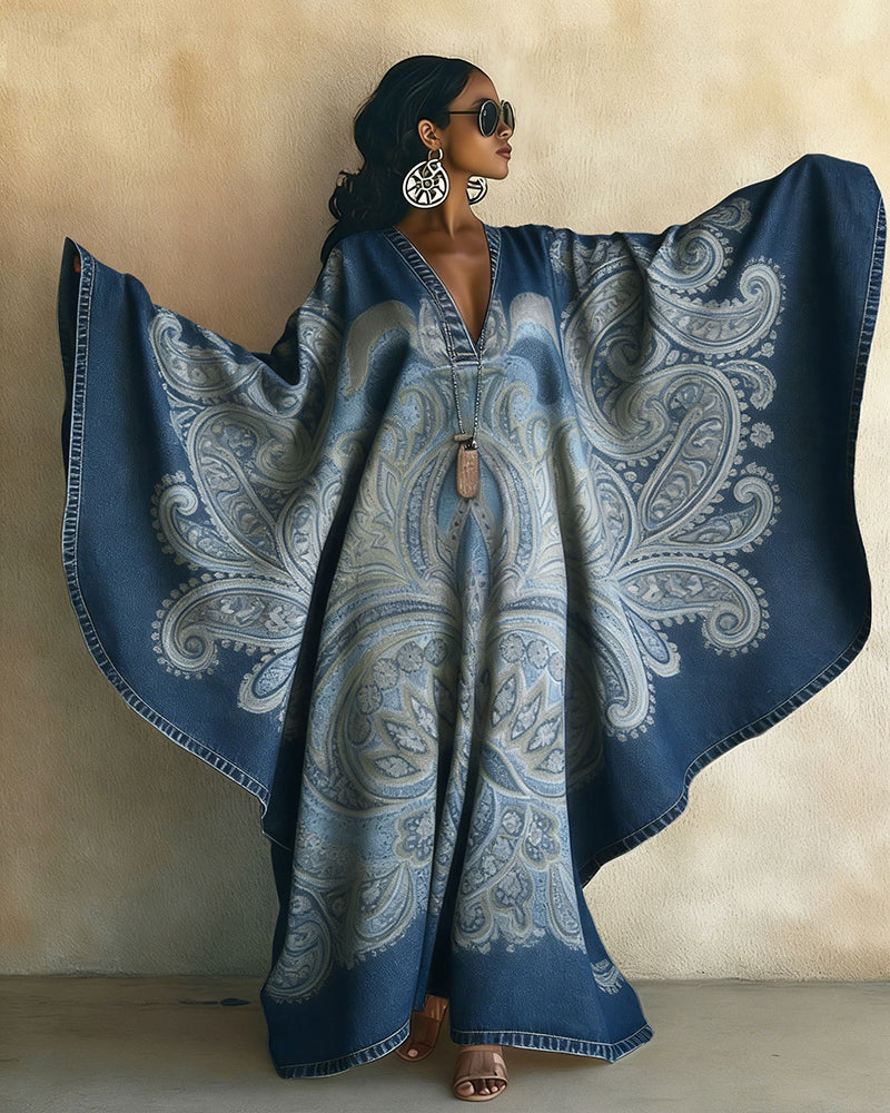 Retro Elegant Large Flowers V-neck Long Kaftan Dress