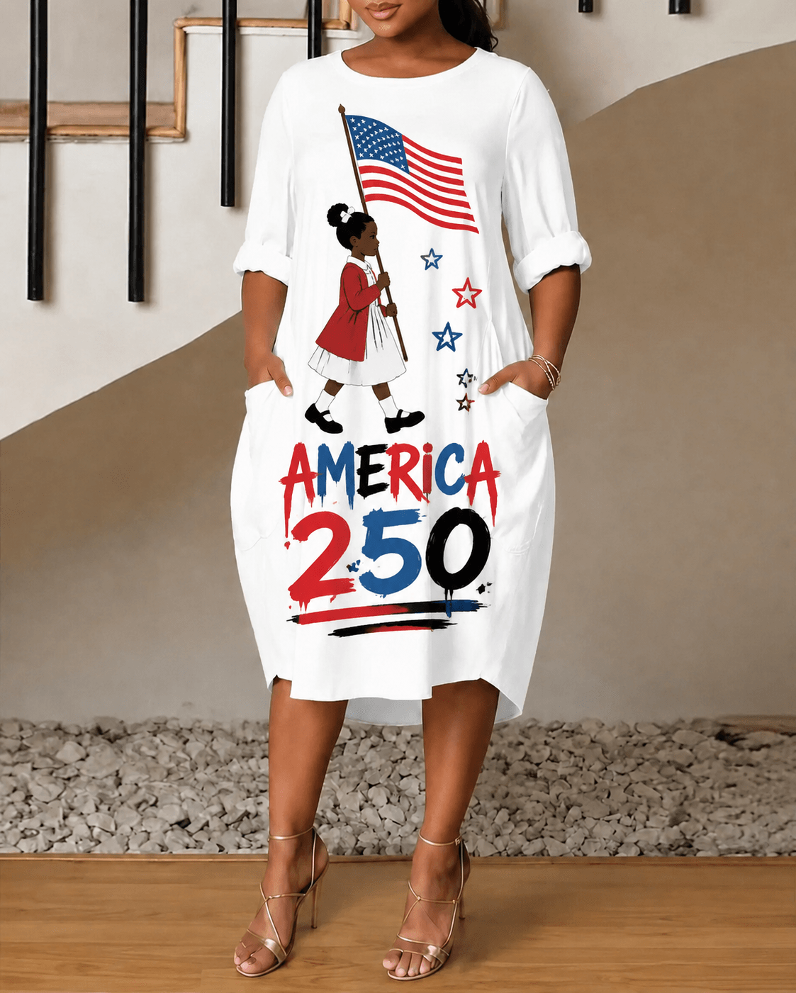 Ruby Bridges Celebrating The 250th Anniversary Round Neck Side Pockets & 3/4 Sleeves Midi Dress